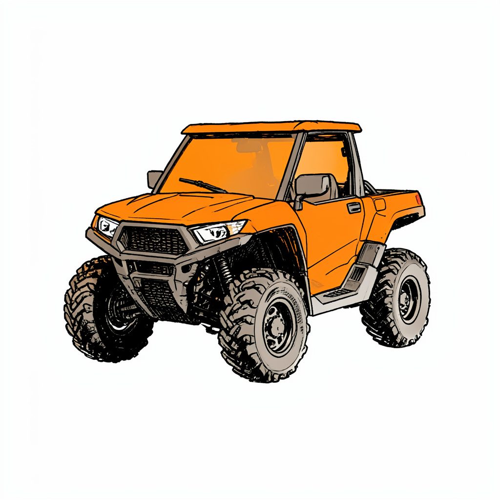 Hand-drawn ink illustration of all-terrain vehicles parked along a sandy Florida trail in warm amber and deep plum tones.