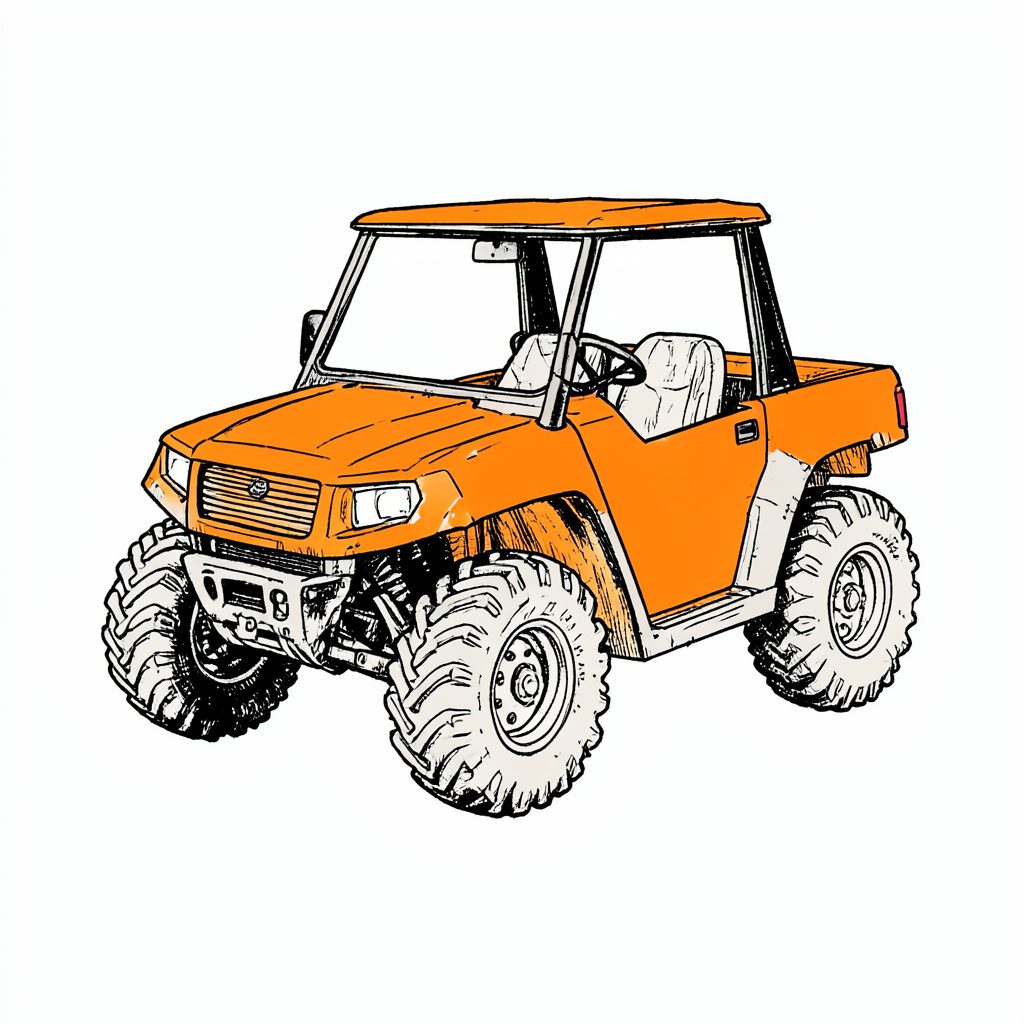 Hand-drawn ink illustration of an ATV splashing through brown mud under an orange sky with purple shadows.